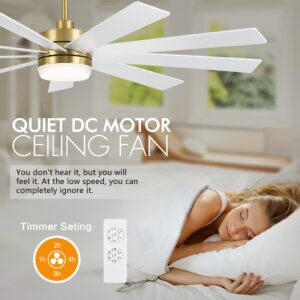 LEDLUX 65" DC Motor Ceiling Fan with Light, 6-Speed Remote Control, Reversible Motor, Modern 9 Blades Ceiling Fan with 4.5"/12" Downrods for Home or Commercial White/Gold