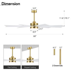 LEDLUX 65" DC Motor Ceiling Fan with Light, 6-Speed Remote Control, Reversible Motor, Modern 9 Blades Ceiling Fan with 4.5"/12" Downrods for Home or Commercial White/Gold