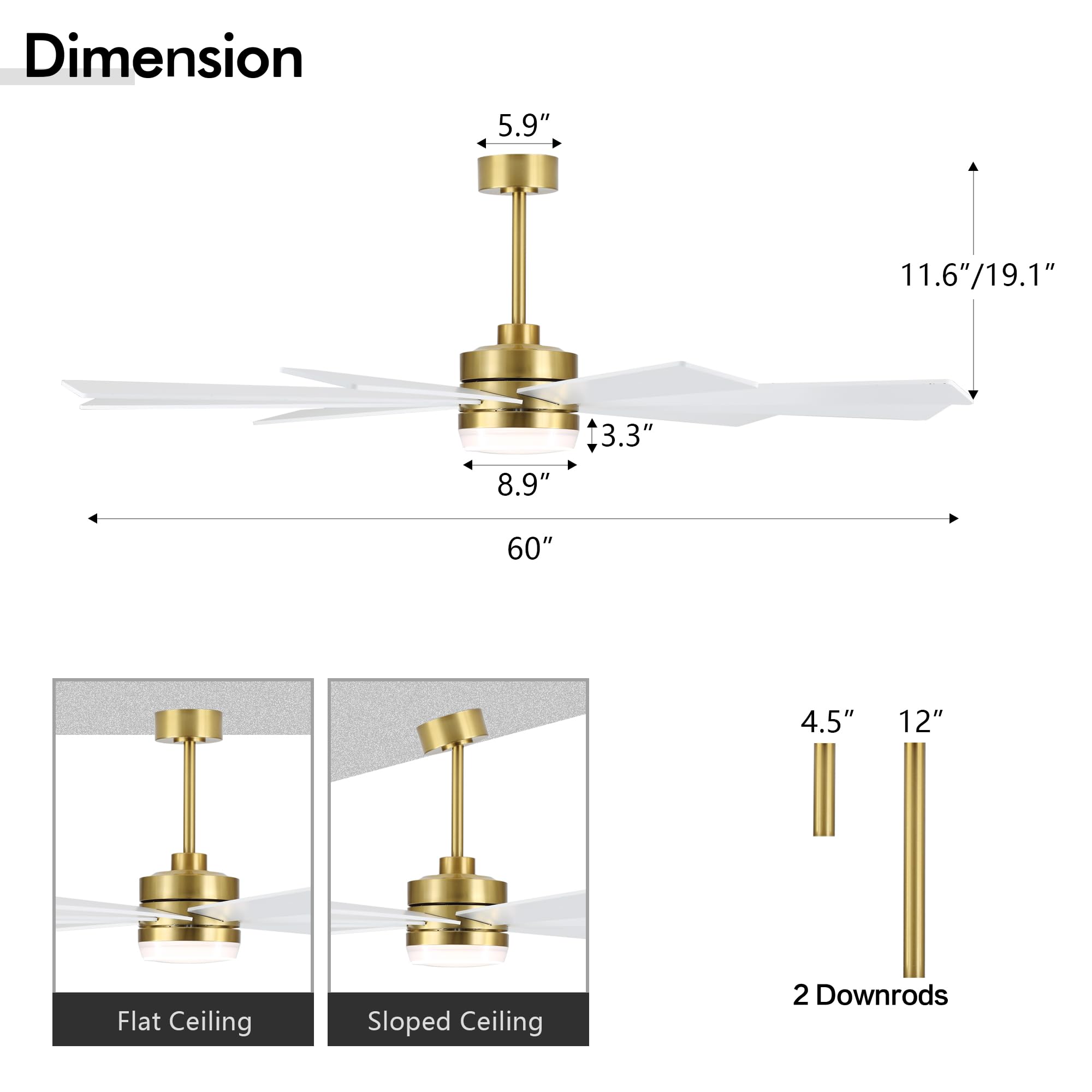 LEDLUX 65" DC Motor Ceiling Fan with Light, 6-Speed Remote Control, Reversible Motor, Modern 9 Blades Ceiling Fan with 4.5"/12" Downrods for Home or Commercial White/Gold