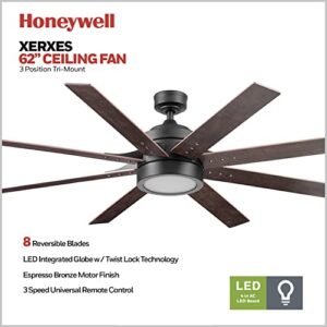 Honeywell Ceiling Fans Xerxes, 62 Inch Contemporary LED Ceiling Fan with Light and Remote Control, 8 Blades with Dual Finish, Reversible Motor - 51628-01 (Bronze)