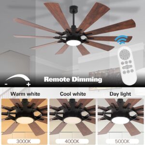 hykolity Ceiling Fan with Light and Remote 65 inch Farmhouse Large Ceiling Fan, Reversible Motor and Blades, 5CCT Selectable, for Living Room Basement Sunroom Porch Patio, 6-Speed Remote Control