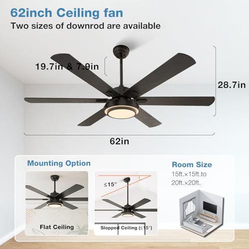 warmiplanet Ceiling Fan with Lights Remote Control, 62 Inch, Black, DC Motor (6-Blades)