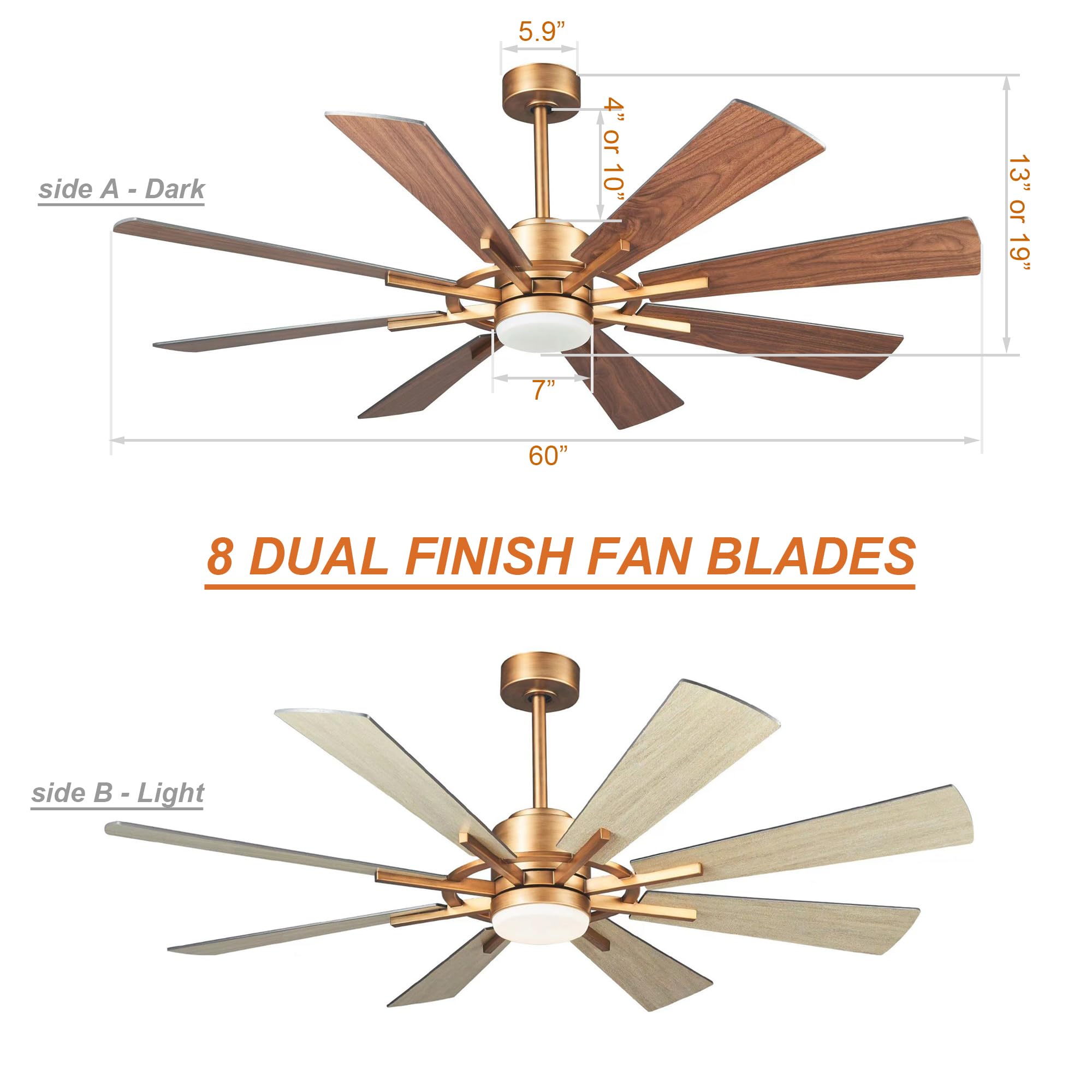 Parrot Uncle Ceiling Fans with Lights and Remote 60 Inch Ceiling Fan with Light Large Outdoor Ceiling Fans for Patios with LED Light, Copper