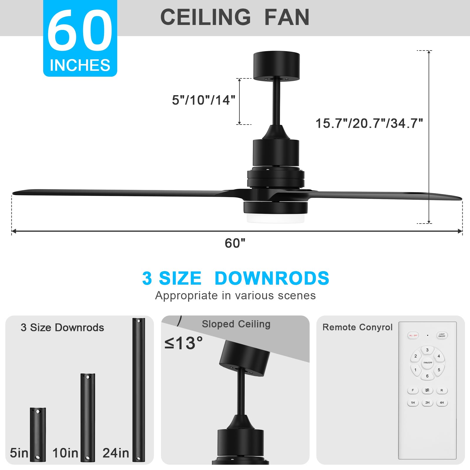 alescu Black Ceiling Fans with Lights,60" Indoor and Outdoor Ceiling Fan with Remote Control, Modern Reversible DC Motor for Patio Bedroom Living Room