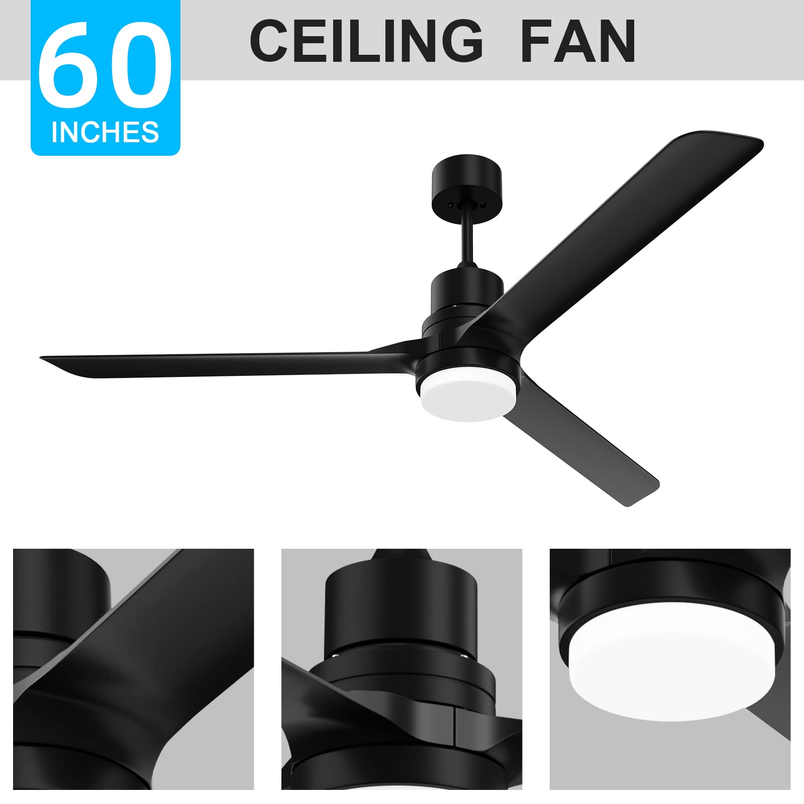 alescu Black Ceiling Fans with Lights,60" Indoor and Outdoor Ceiling Fan with Remote Control, Modern Reversible DC Motor for Patio Bedroom Living Room