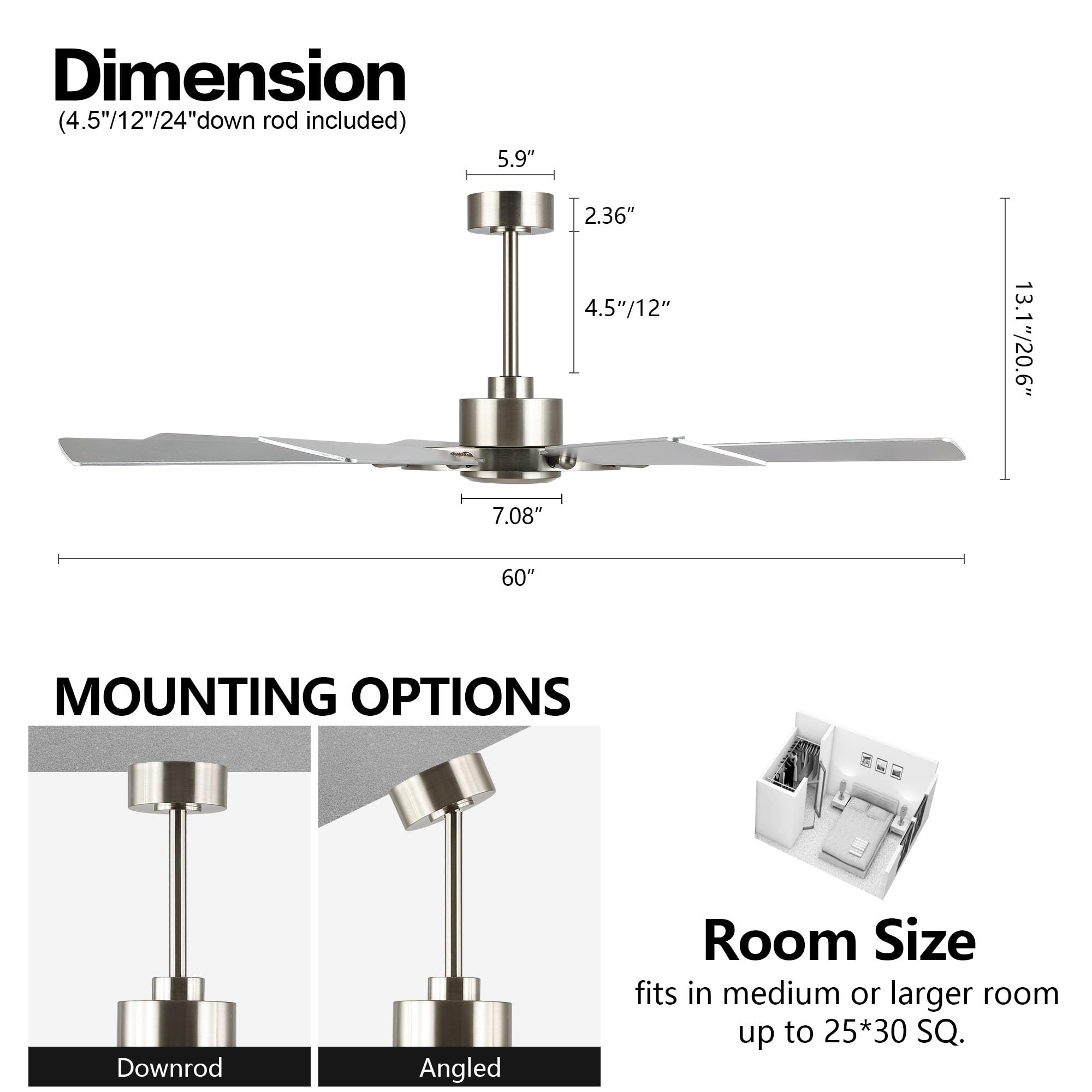 ELEHINSER 60 Inch Ceiling Fan without Lights, Wood 8 Blades 6-Speed Noiseless Reversible DC Motor, Modern Large Remote Control Ceiling Fan for Bedroom Dining Living Room, Nickel Finish+Silver