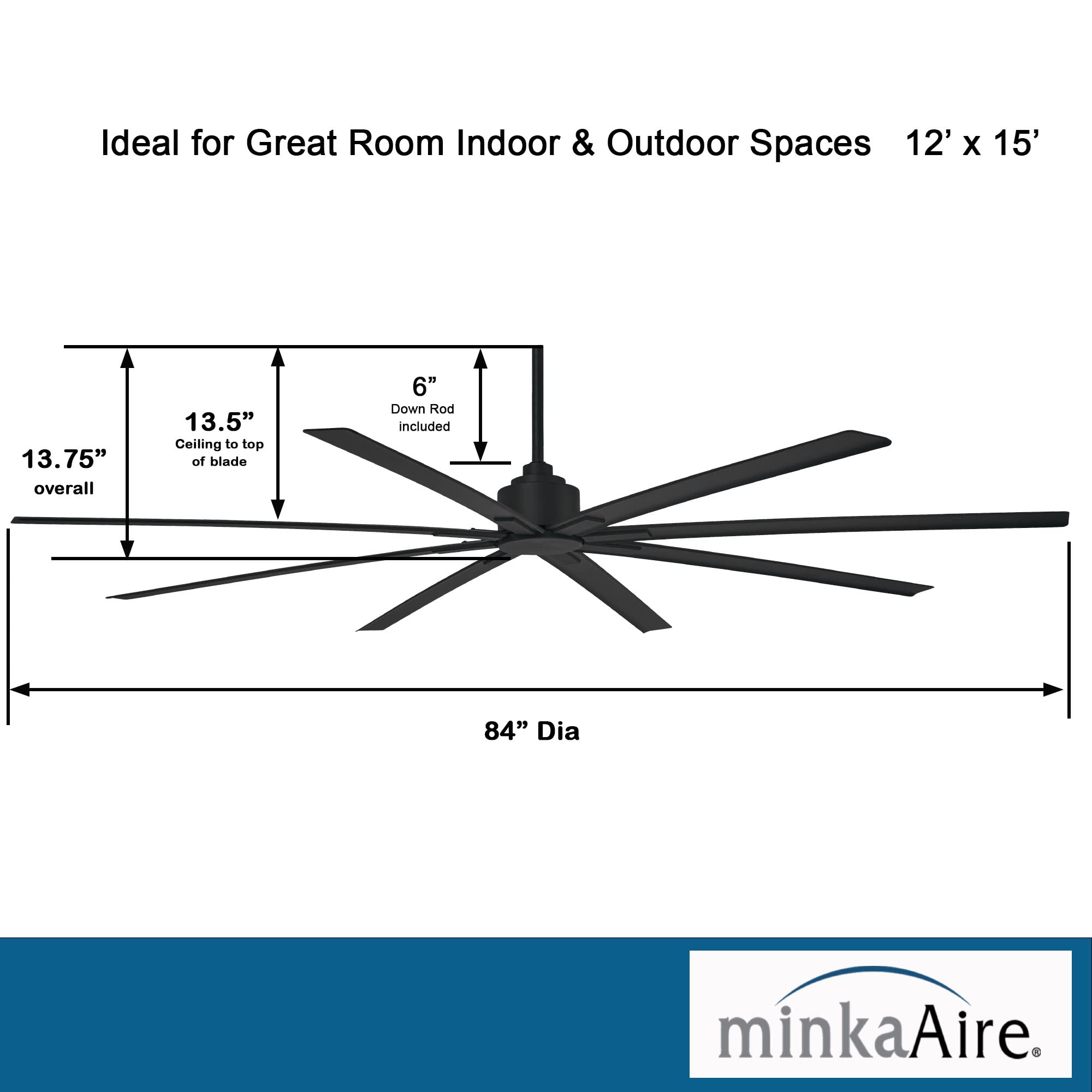 MINKA-AIRE F896-84-CL, Xtreme H2O 84" Ceiling Fan in Coal (Black) Finish with Remote and Additional Wall Control