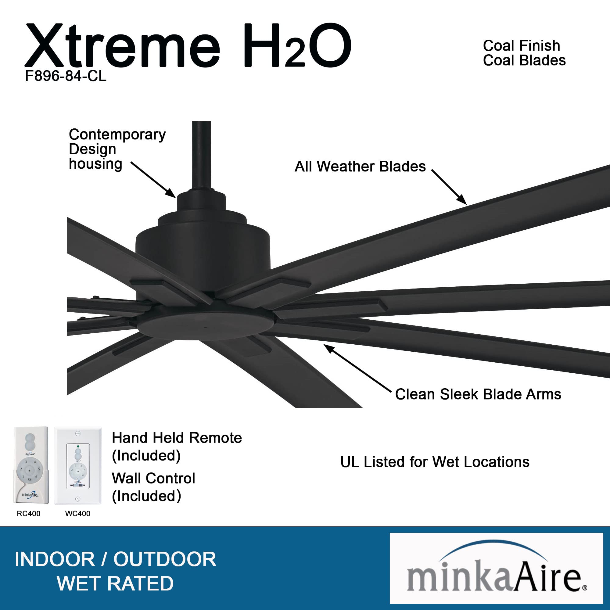 MINKA-AIRE F896-84-CL, Xtreme H2O 84" Ceiling Fan in Coal (Black) Finish with Remote and Additional Wall Control