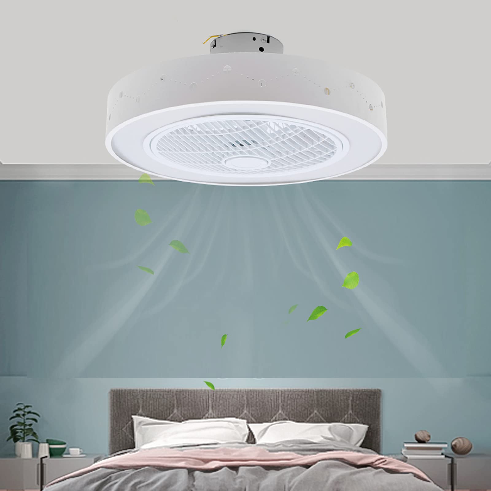 22" Modern Acrylic Ceiling Fan with Light and Remote Control 64W Hollow Shade 7 Blades 3-Colors 3-Speed Quiet Round LED Semi Flush Mount Light Enclosed Fan Chandelier for Bedroom Home (Constellation)