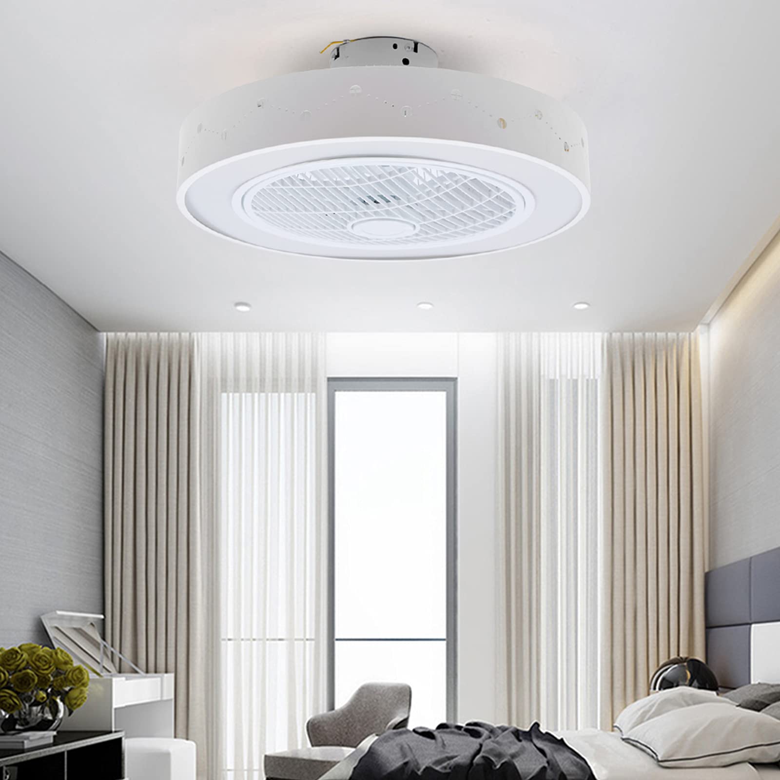 22" Modern Acrylic Ceiling Fan with Light and Remote Control 64W Hollow Shade 7 Blades 3-Colors 3-Speed Quiet Round LED Semi Flush Mount Light Enclosed Fan Chandelier for Bedroom Home (Constellation)