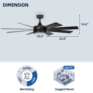 YITAHOME Black 60 Inch Ceiling Fan with Light and Remote, DC Fanlight for Indoor Outdoor, Modern Light Fan with Reversible 6 Speeds, 3 Color Temperatures, Memory Function, Quiet Motor