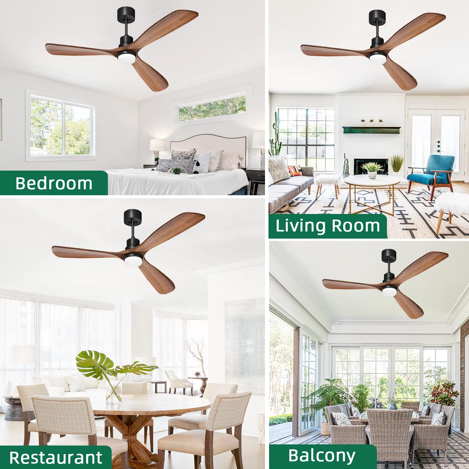 Obabala 60 '' Ceiling Fan with Light Remote Control Modern 3 Wood Blade Ceiling Fans Reversible Silent DC Motor Outdoor Patios Farmhouse Bedroom Ceiling Fan