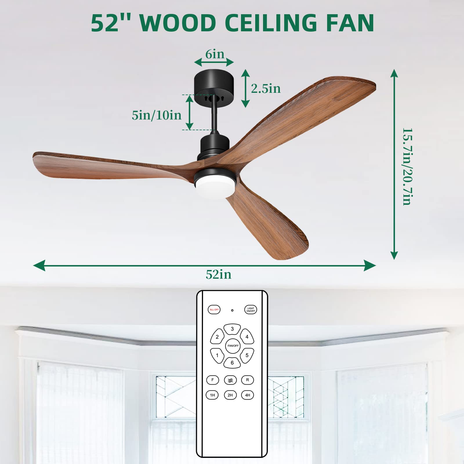 Obabala 60 '' Ceiling Fan with Light Remote Control Modern 3 Wood Blade Ceiling Fans Reversible Silent DC Motor Outdoor Patios Farmhouse Bedroom Ceiling Fan