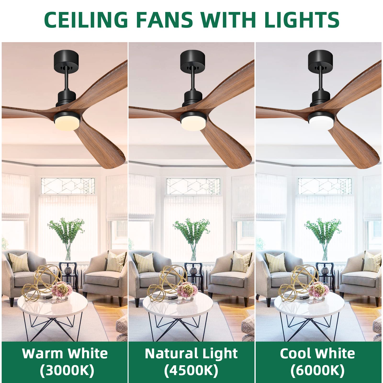 Obabala 60 '' Ceiling Fan with Light Remote Control Modern 3 Wood Blade Ceiling Fans Reversible Silent DC Motor Outdoor Patios Farmhouse Bedroom Ceiling Fan