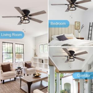 Breezary 52 inch Flush Mount Ceiling Fan with Light Pull Chain, 5 Reversible Blades, Farmhouse Low Profile Crystal Lighting Ceiling Fan Chandelier for Bedroom Living Room