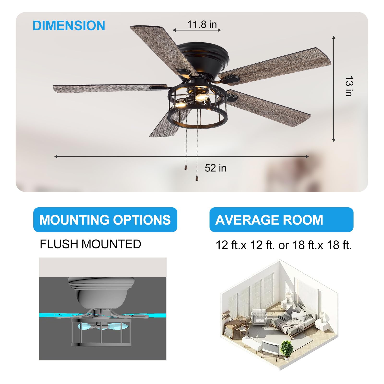 Breezary 52 inch Flush Mount Ceiling Fan with Light Pull Chain, 5 Reversible Blades, Farmhouse Low Profile Crystal Lighting Ceiling Fan Chandelier for Bedroom Living Room