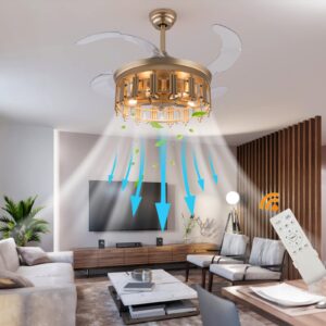 BILPIKOGoo Ceiling Fans with Lights Retractable Blades Caged Ceiling Fan Remote Control 42'' 6 Speeds, 1/2/4 Hours Timing Gold Ceiling Fan for Living Room Bedroom, 35W Reversible Motor