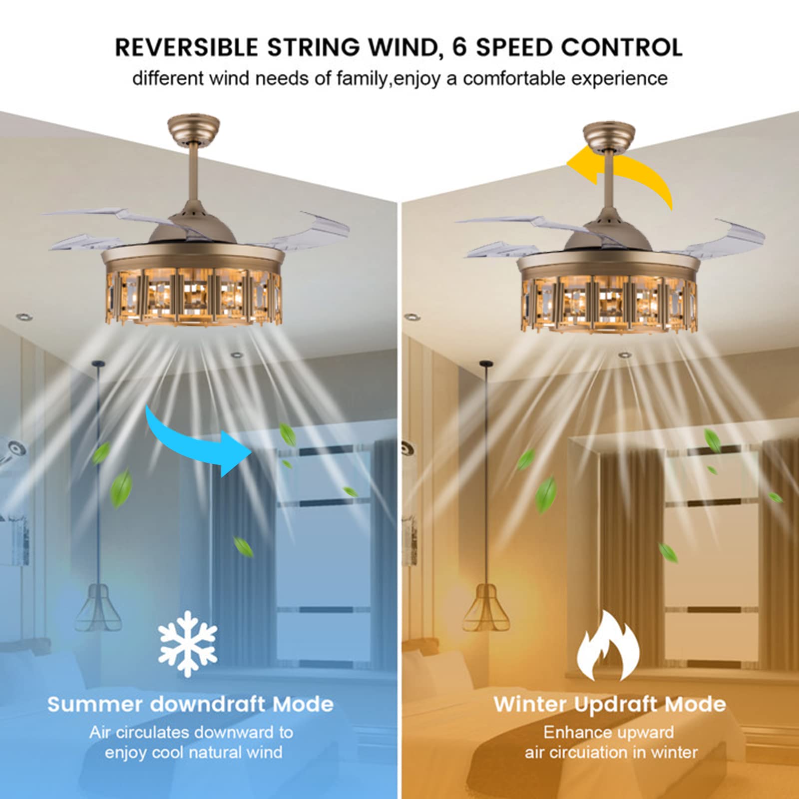 BILPIKOGoo Ceiling Fans with Lights Retractable Blades Caged Ceiling Fan Remote Control 42'' 6 Speeds, 1/2/4 Hours Timing Gold Ceiling Fan for Living Room Bedroom, 35W Reversible Motor