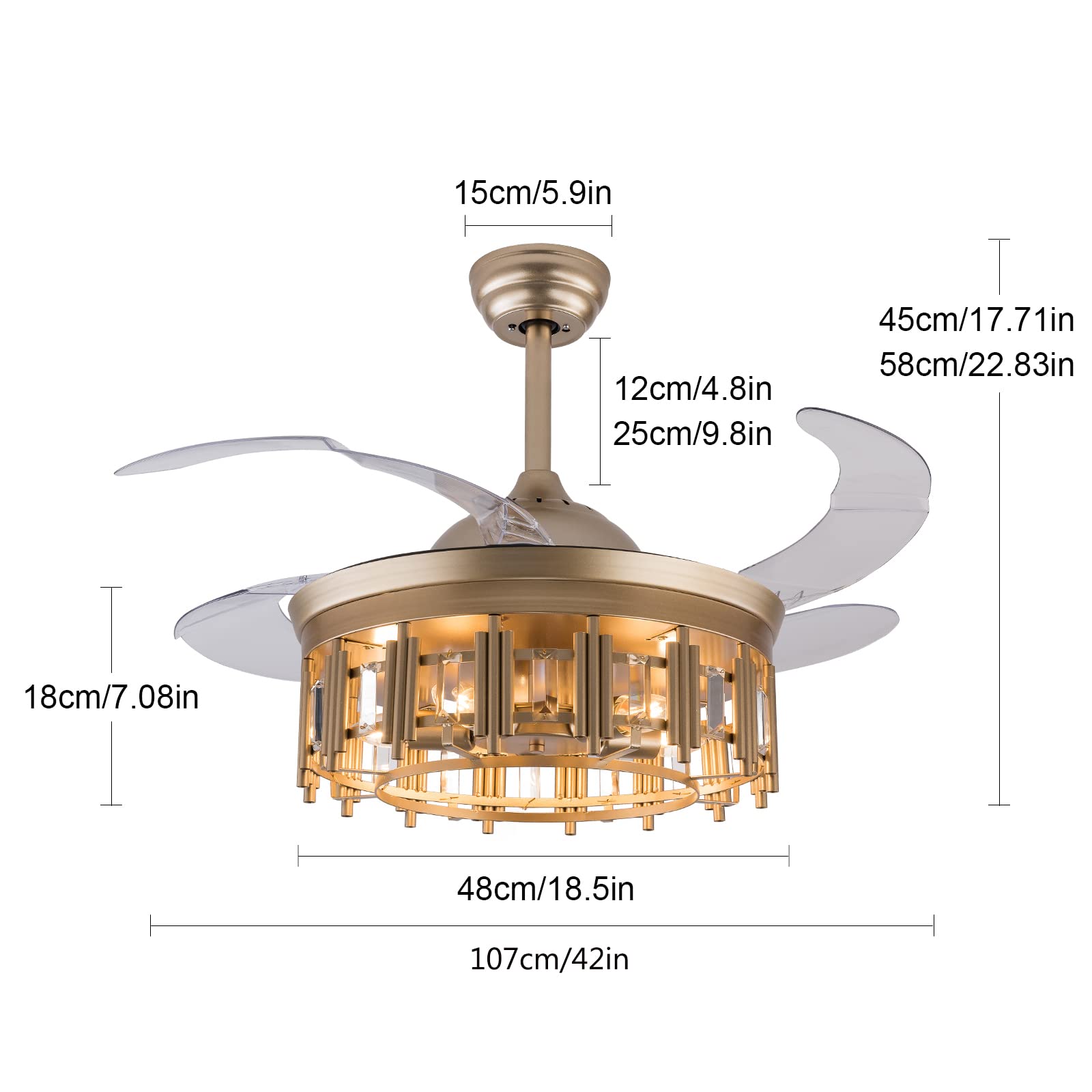 BILPIKOGoo Ceiling Fans with Lights Retractable Blades Caged Ceiling Fan Remote Control 42'' 6 Speeds, 1/2/4 Hours Timing Gold Ceiling Fan for Living Room Bedroom, 35W Reversible Motor