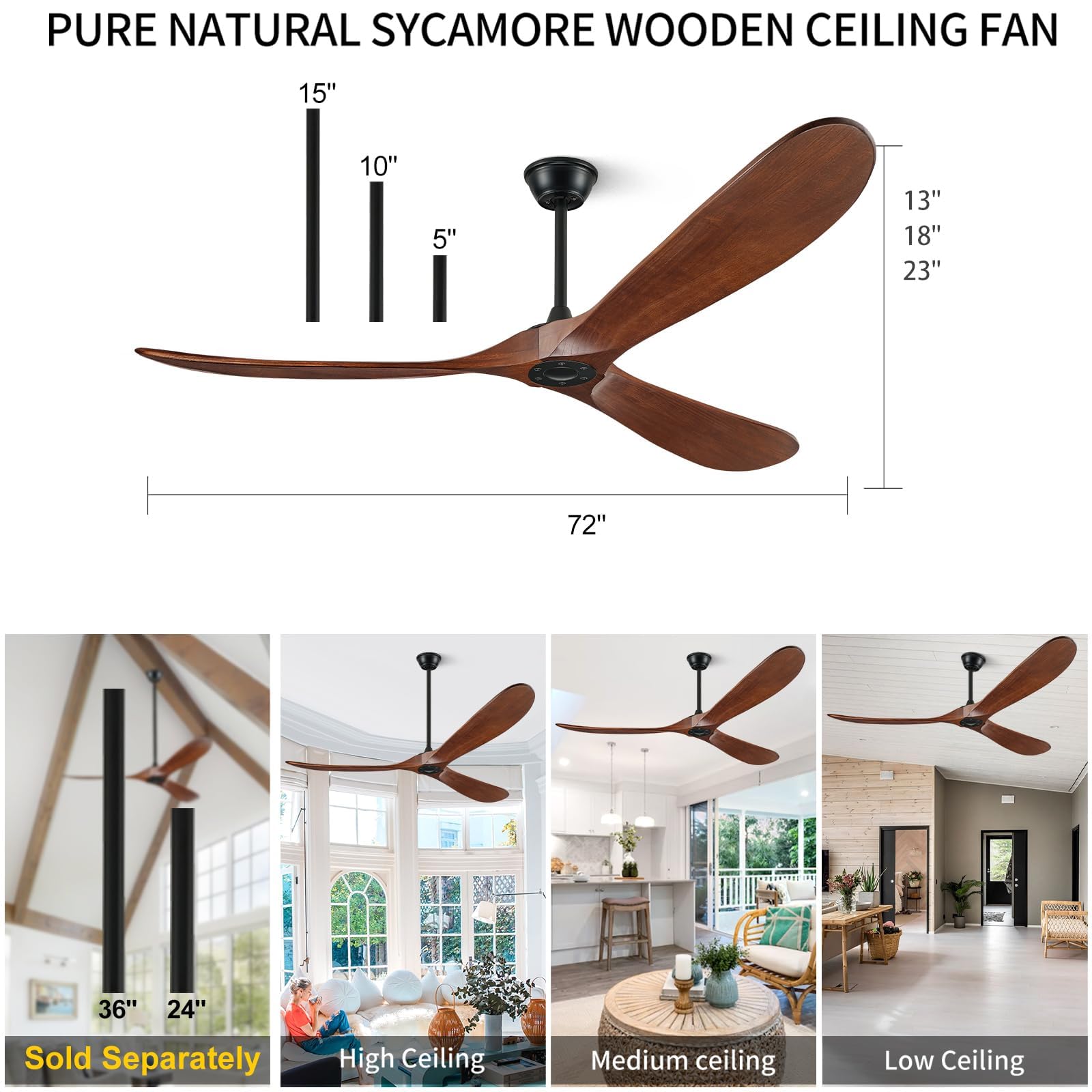 BOOSANT 72" Ceiling Fans without Lights, 72 inch Ceiling Fan no Light, High cfm Quiet 3 Blade Wood Walnut Ceiling Fan, Large Modern Ceiling Fan with Remote, Propeller Outdoor Ceiling Fans for Patios