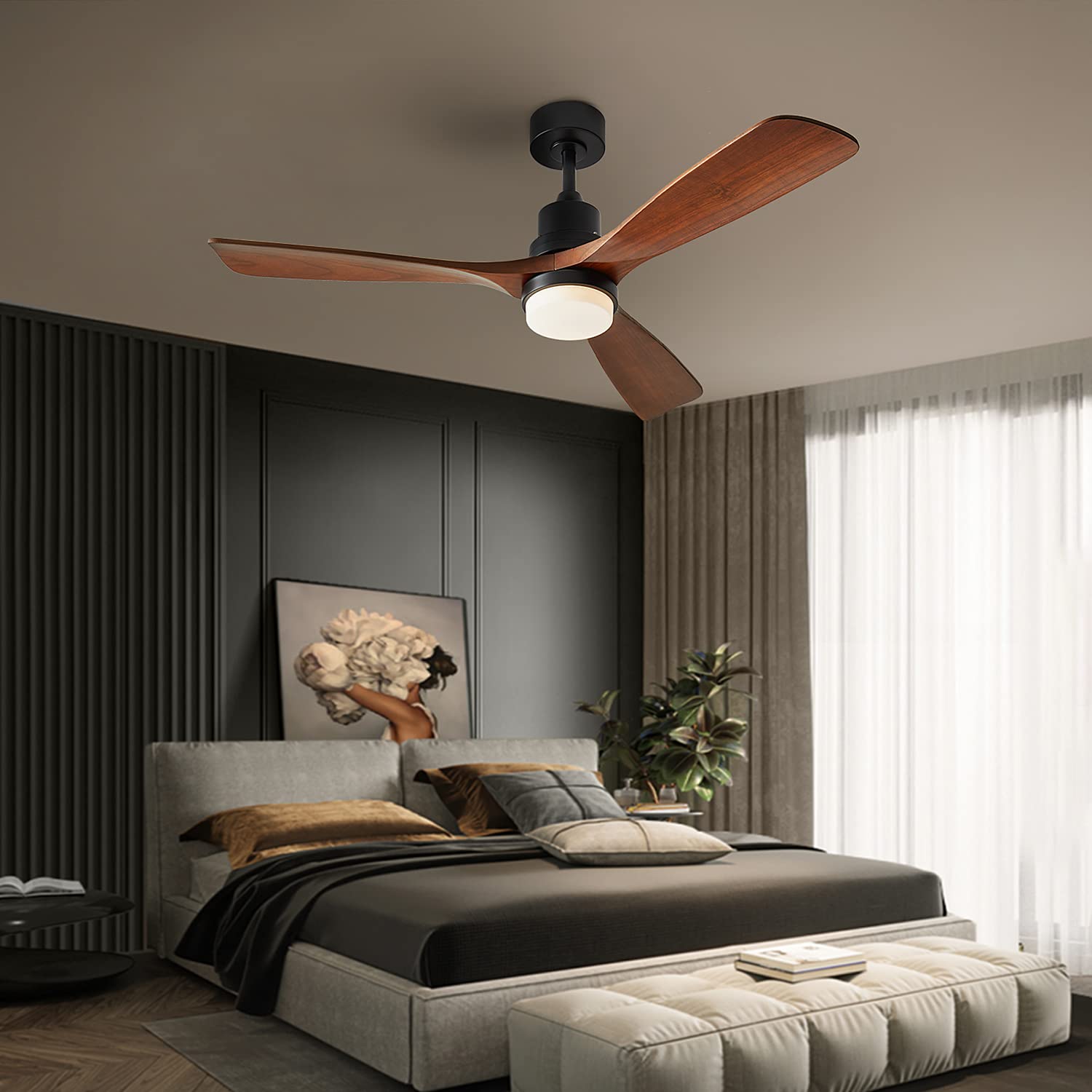 Chriari Ceiling Fans with Lights, 60" Wood Ceiling Fan with Remote Control, 3 Walnut Fan Blades Reversible Quiet DC Motor 6 Speeds Timing Farmhouse Ceiling Fan for Patios Bedroom Living Room