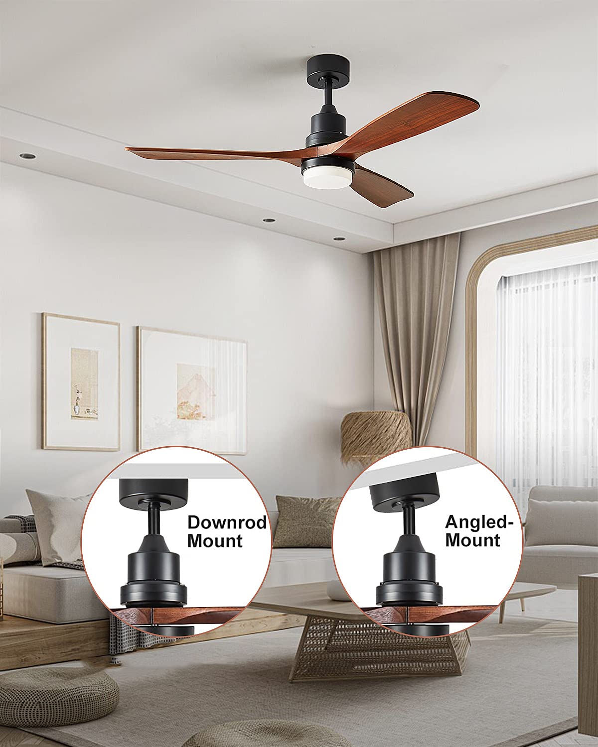 Chriari Ceiling Fans with Lights, 60" Wood Ceiling Fan with Remote Control, 3 Walnut Fan Blades Reversible Quiet DC Motor 6 Speeds Timing Farmhouse Ceiling Fan for Patios Bedroom Living Room