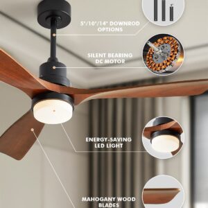 Chriari Ceiling Fans with Lights, 60" Wood Ceiling Fan with Remote Control, 3 Walnut Fan Blades Reversible Quiet DC Motor 6 Speeds Timing Farmhouse Ceiling Fan for Patios Bedroom Living Room