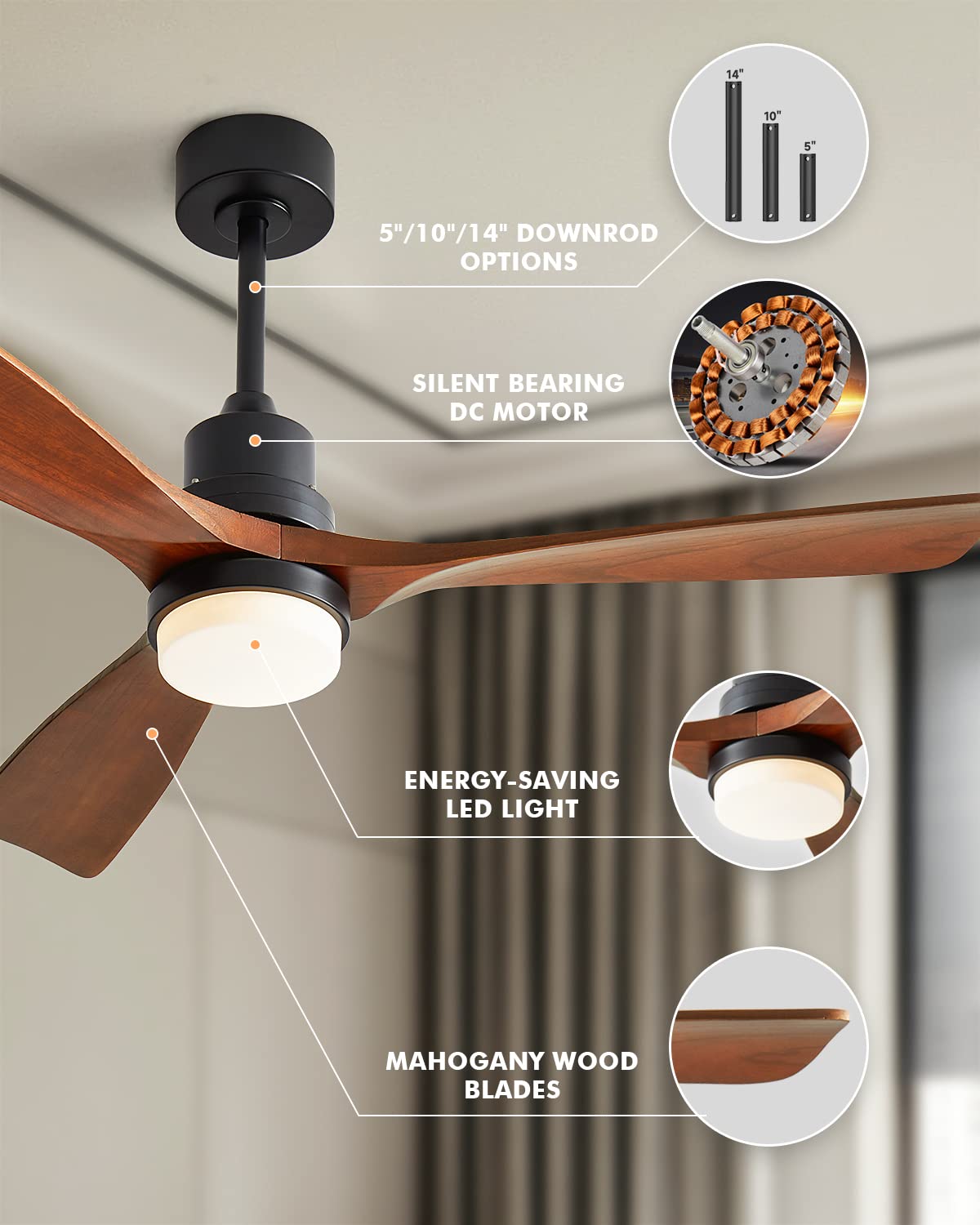 Chriari Ceiling Fans with Lights, 60" Wood Ceiling Fan with Remote Control, 3 Walnut Fan Blades Reversible Quiet DC Motor 6 Speeds Timing Farmhouse Ceiling Fan for Patios Bedroom Living Room