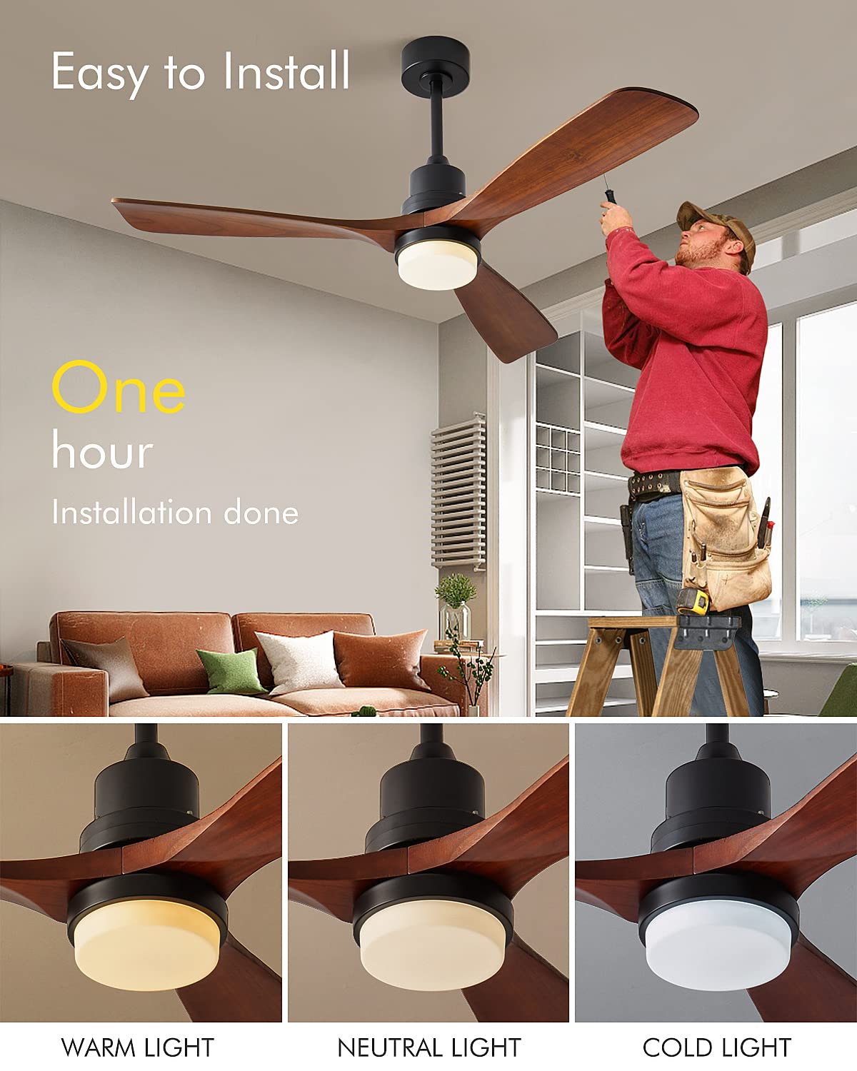 Chriari Ceiling Fans with Lights, 60" Wood Ceiling Fan with Remote Control, 3 Walnut Fan Blades Reversible Quiet DC Motor 6 Speeds Timing Farmhouse Ceiling Fan for Patios Bedroom Living Room