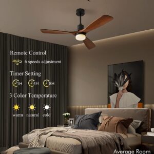 Chriari Ceiling Fans with Lights, 60" Wood Ceiling Fan with Remote Control, 3 Walnut Fan Blades Reversible Quiet DC Motor 6 Speeds Timing Farmhouse Ceiling Fan for Patios Bedroom Living Room