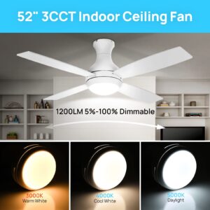 Consciot Ceiling Fan With Lights, 52 Inch Low Profile Ceiling Fan, Remote Control, Quiet Reversible DC Motor, Dimmable Tri-color Temperatures LED, 4 Double Finish Blades, Flush Mount, Indoor Only