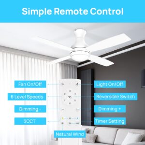 Consciot Ceiling Fan With Lights, 52 Inch Low Profile Ceiling Fan, Remote Control, Quiet Reversible DC Motor, Dimmable Tri-color Temperatures LED, 4 Double Finish Blades, Flush Mount, Indoor Only