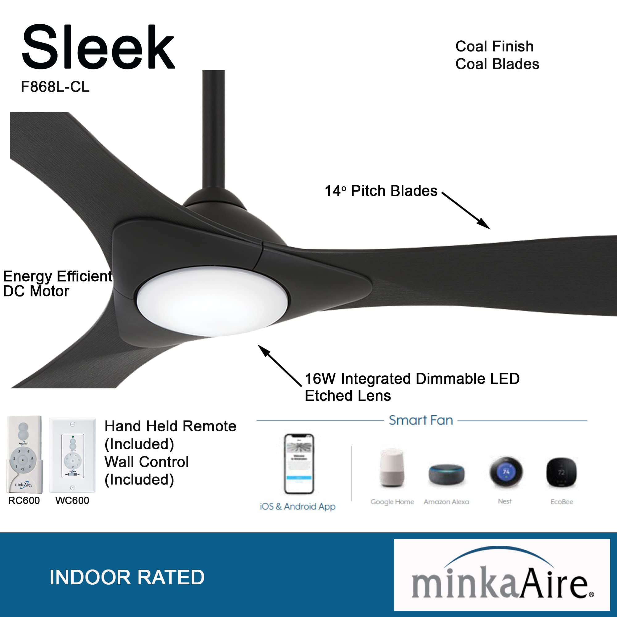 MINKA-AIRE F868L-CL/CL Sleek 60" Smart Ceiling Fan with LED Light, Remote and Wall Control