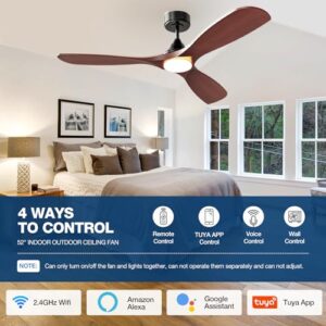 NOPAARD 52 Inch Smart Wood Ceiling Fan with Light, Ceiling Fans with Remote, Wifi Alexa and App Controls, Reversible Blades, Quiet DC Motor, Timing, High CFM, Dimmable LED Light, Red Walnut