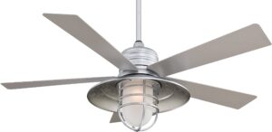 minka-aire f582-gl rainman 54 inch outdoor ceiling fan with integrated caged light in galvanized finish