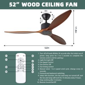 MUNJUN 52inch Wood Ceiling Fan without Light Remote Control,DC Motor Noiseless Low Profile Reversible Ceiling Fan with 3 Blades Indoor Outdoor for Patio,Bedroom,Living Room(Deep Walnut Blades)