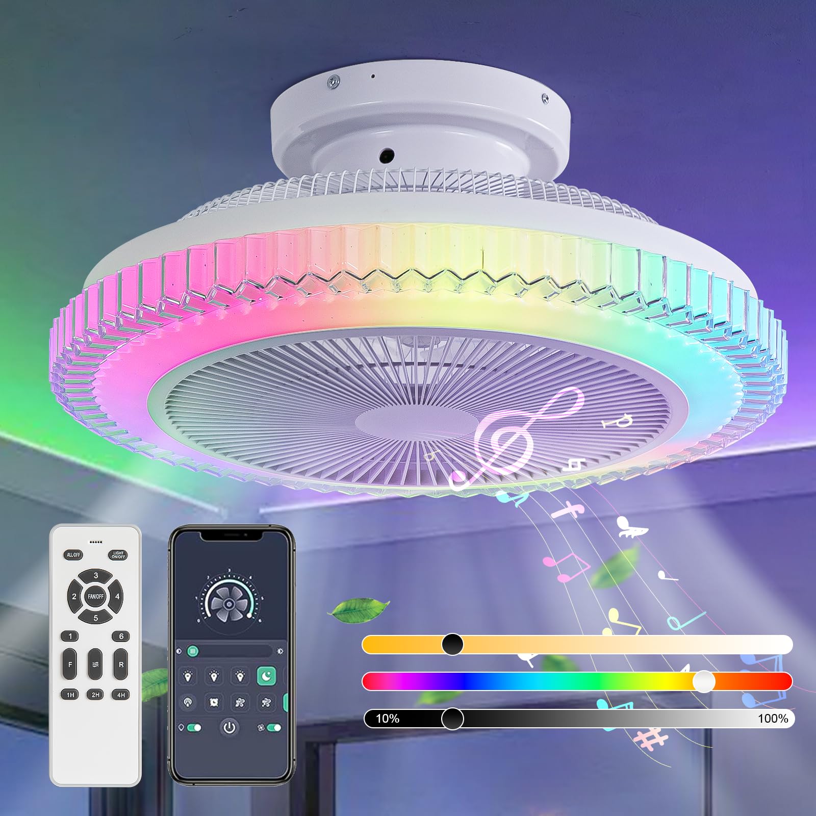 EIDEARAY 20" Low Profile Ceiling Fan with Light Bladeless RGB Ceiling Fans with Bluetooth Speaker 6 Wind Speeds Flush Mount Fan Light with Remote Control & App for Bedroom Living Room Dining Room