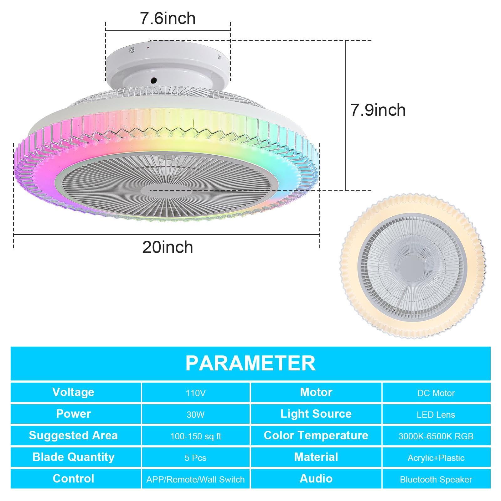 EIDEARAY 20" Low Profile Ceiling Fan with Light Bladeless RGB Ceiling Fans with Bluetooth Speaker 6 Wind Speeds Flush Mount Fan Light with Remote Control & App for Bedroom Living Room Dining Room