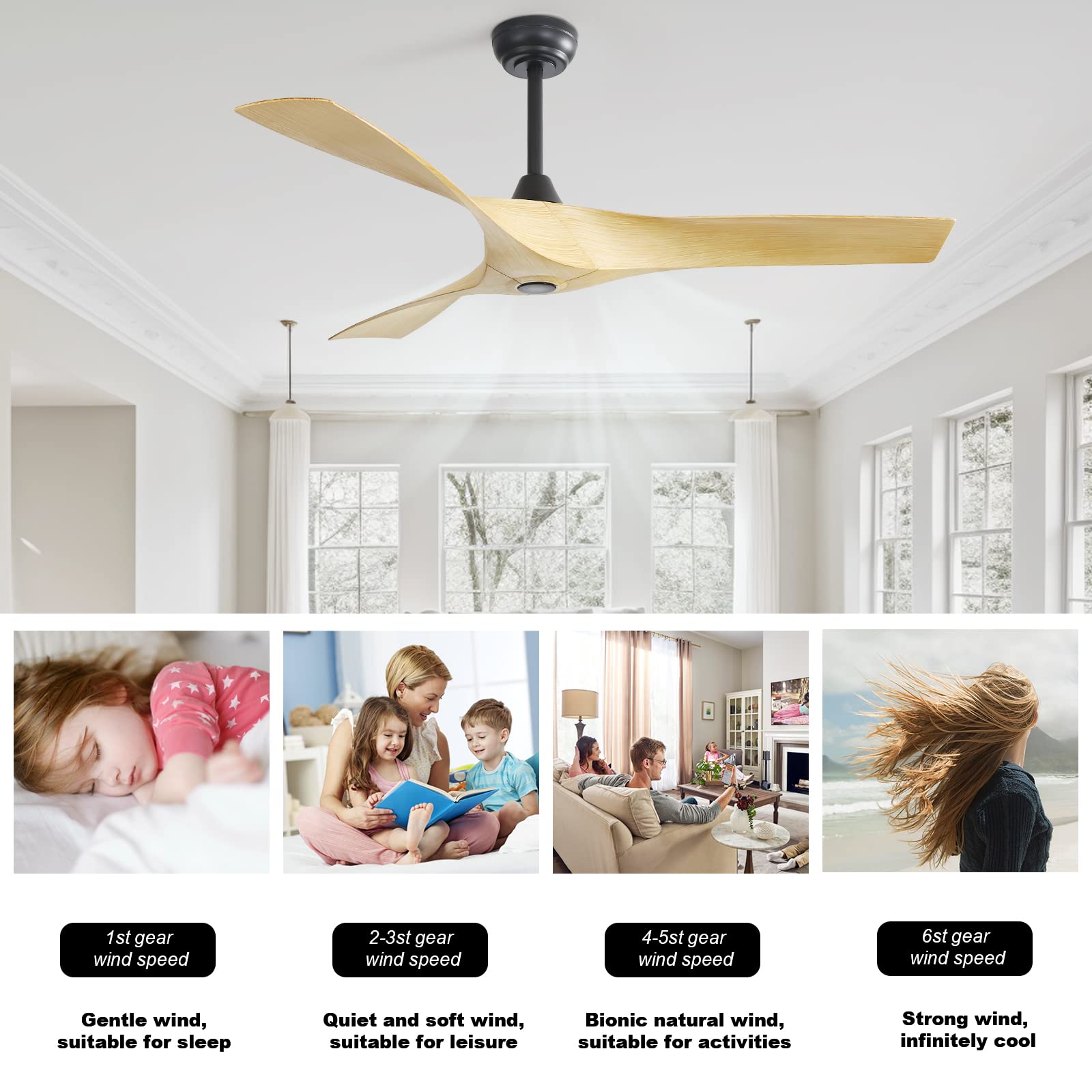 Sofucor 52" Ceiling Fan No Light, Modern Ceiling Fan with Remote Control, 3 Blades ABS Ceiling Fan with Noiseless Reversible DC Motor for Living room, Bedroom