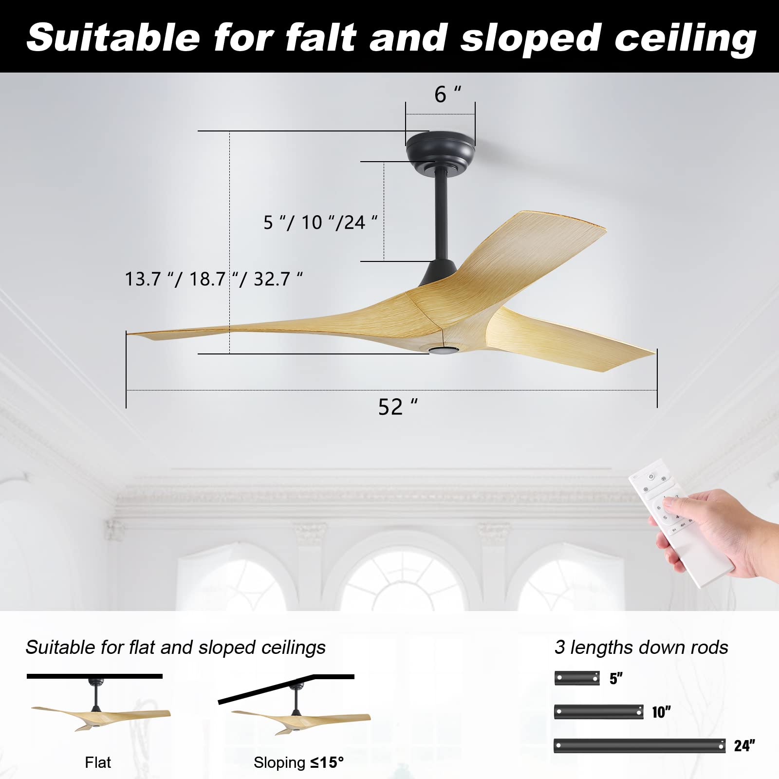 Sofucor 52" Ceiling Fan No Light, Modern Ceiling Fan with Remote Control, 3 Blades ABS Ceiling Fan with Noiseless Reversible DC Motor for Living room, Bedroom