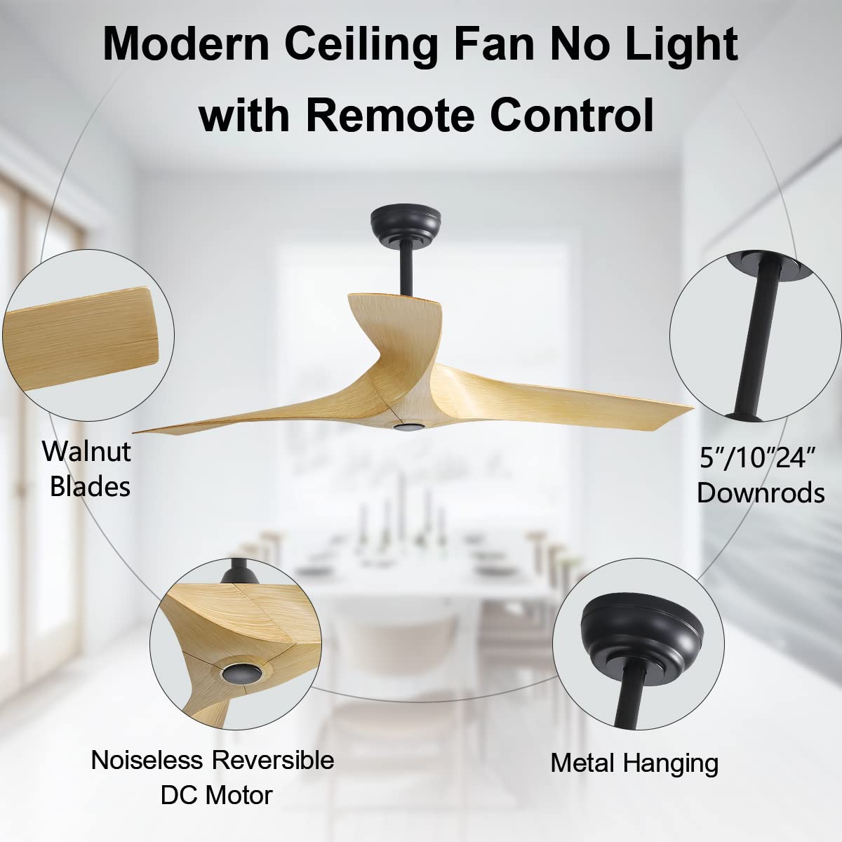 Sofucor 52" Ceiling Fan No Light, Modern Ceiling Fan with Remote Control, 3 Blades ABS Ceiling Fan with Noiseless Reversible DC Motor for Living room, Bedroom