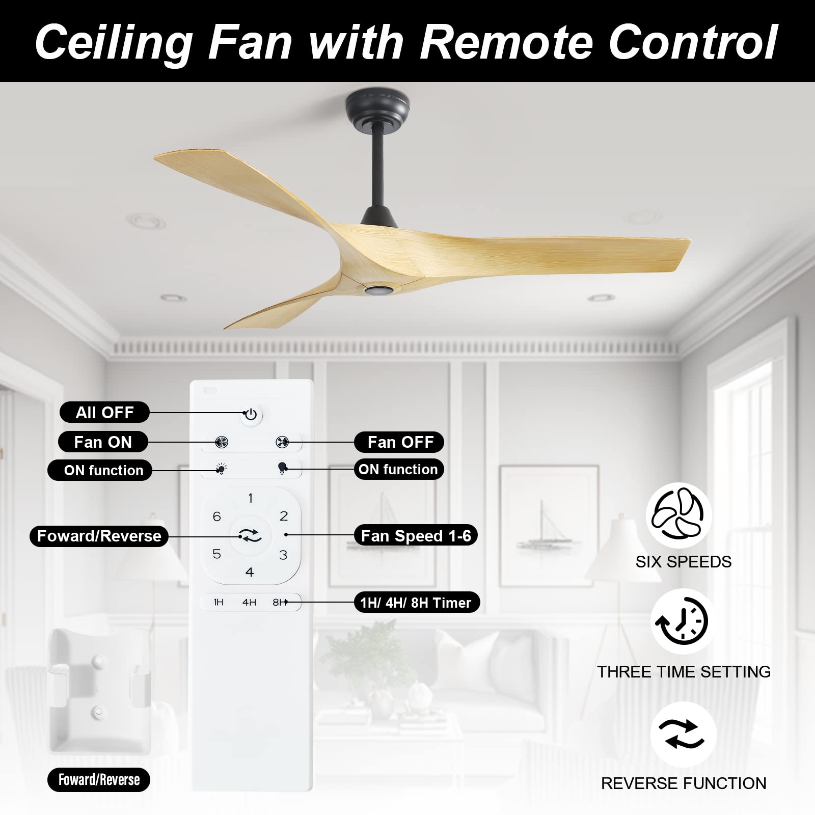 Sofucor 52" Ceiling Fan No Light, Modern Ceiling Fan with Remote Control, 3 Blades ABS Ceiling Fan with Noiseless Reversible DC Motor for Living room, Bedroom