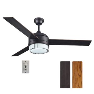 design house 157347 ajax industrial modern indoor ceiling fan with led light kit, 3-blades, reverse airflow, wall control, 52-inch, oil rubbed bronze