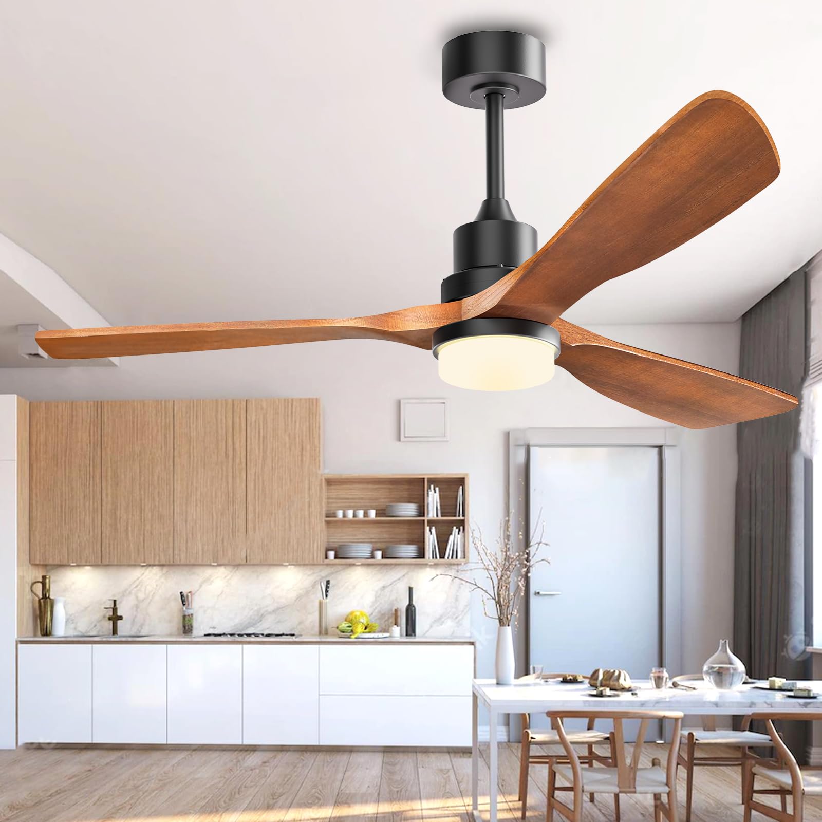 CEOTIS Ceiling Fans with Lights, 52" Wood Ceiling Fan, 3 Walnut Blade fan, Remote 6 Speeds Reversible Noiseless DC Motor Ceiling Fans for Farmhosue,Patio,Living Room,Bedroom,Office