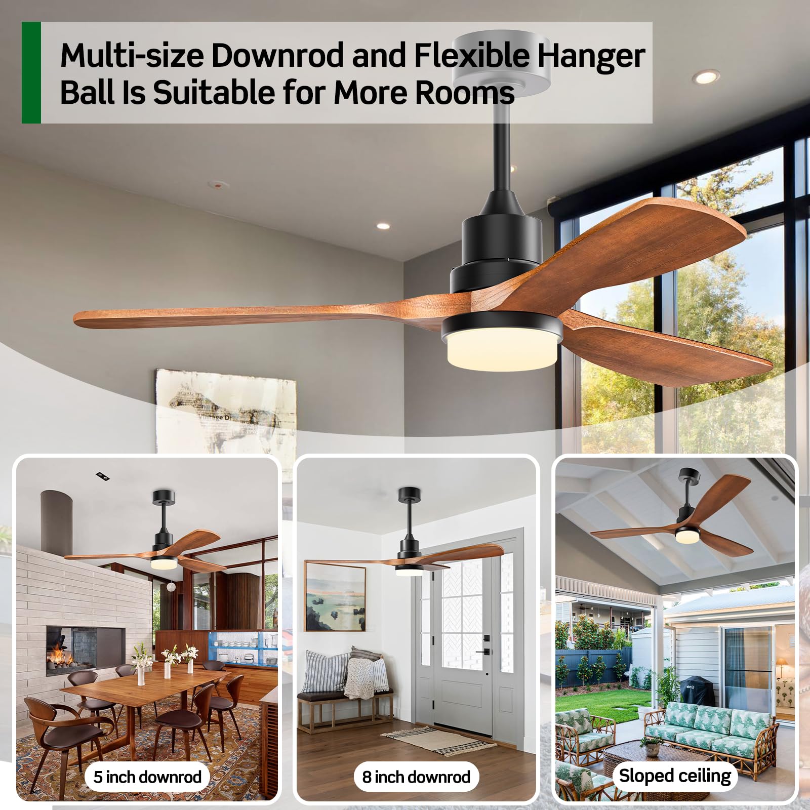 CEOTIS Ceiling Fans with Lights, 52" Wood Ceiling Fan, 3 Walnut Blade fan, Remote 6 Speeds Reversible Noiseless DC Motor Ceiling Fans for Farmhosue,Patio,Living Room,Bedroom,Office