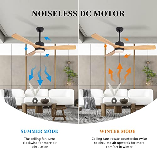 revoici 52” Ceiling Fans with Lights Remote Control,Indoor Outdoor Wood Ceiling Fan with 3 Blade for Patio Living Room, Bedroom, Office, Summer House, Etc