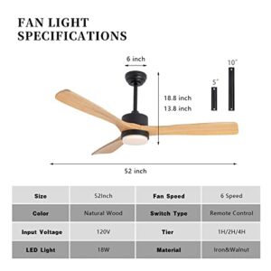 revoici 52” Ceiling Fans with Lights Remote Control,Indoor Outdoor Wood Ceiling Fan with 3 Blade for Patio Living Room, Bedroom, Office, Summer House, Etc