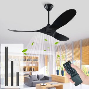 ycgu 60'' black ceiling fan no light, outdoor indoor wood ceiling fan with remote control, 3 solid wood blades, noiseless reversible motor, 6-speed, easy install system (60-inch, matte black)