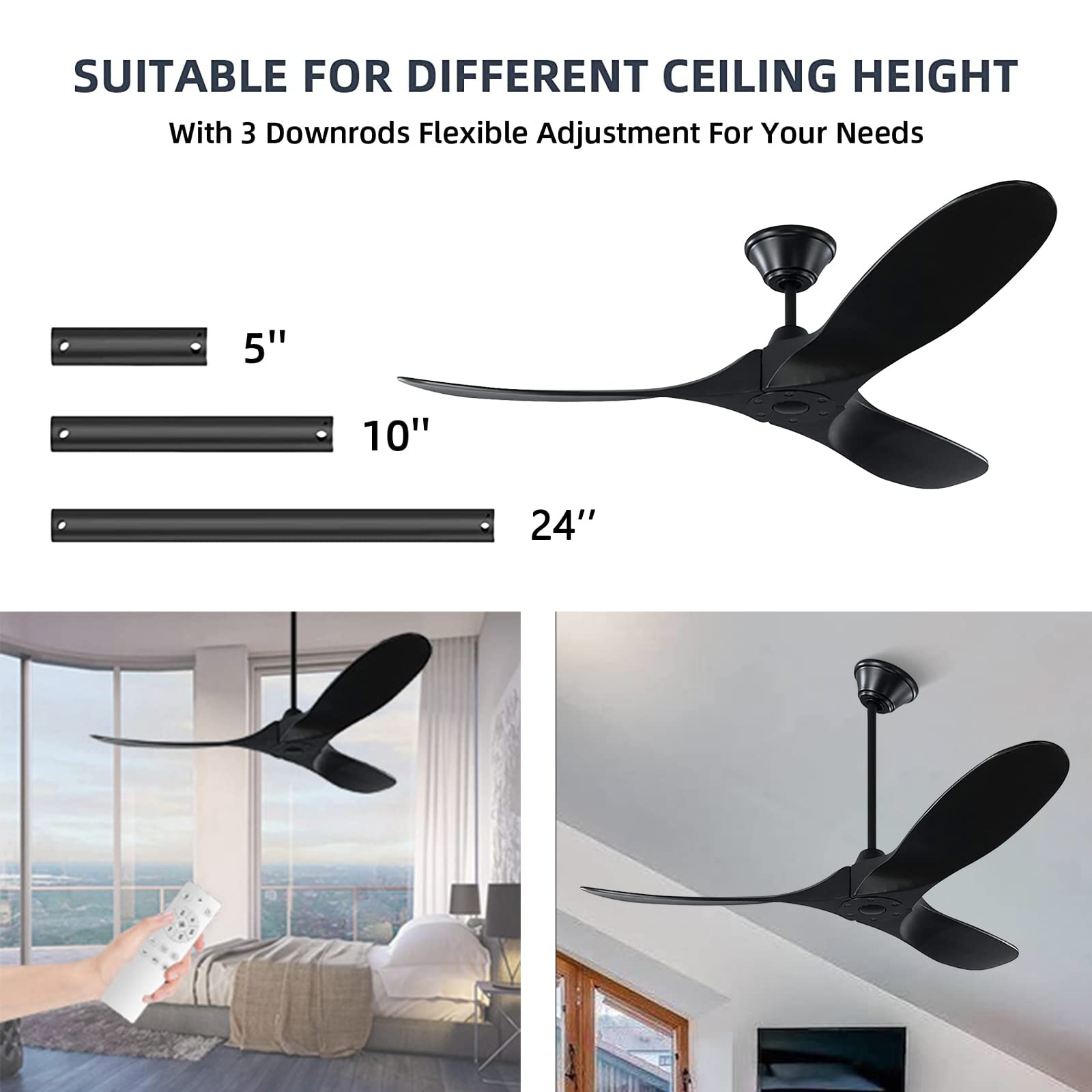 YCGU 60'' Black Ceiling Fan No Light, Outdoor Indoor Wood Ceiling Fan with Remote Control, 3 Solid Wood Blades, Noiseless Reversible Motor, 6-Speed, Easy Install System (60-Inch, Matte Black)