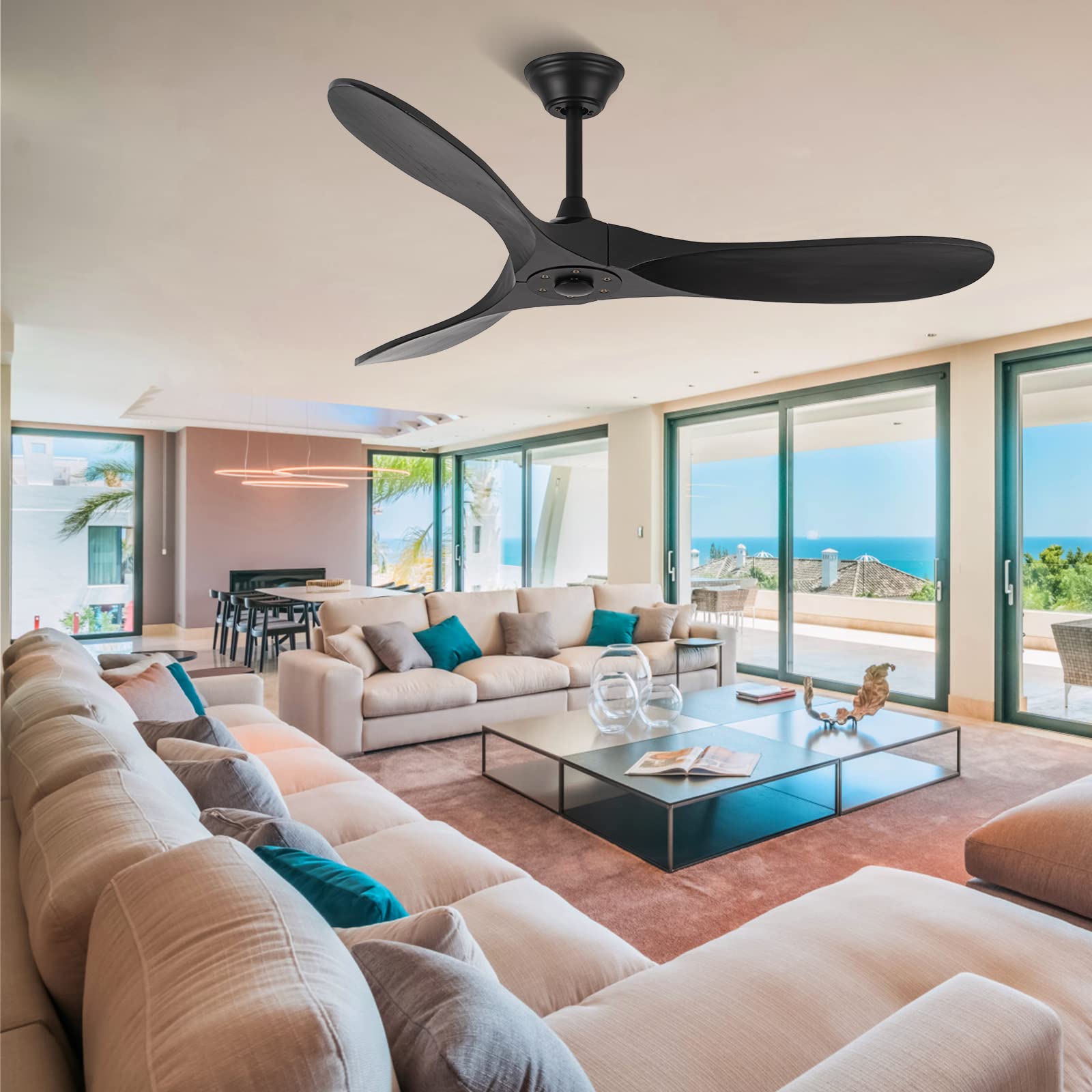 YCGU 60'' Black Ceiling Fan No Light, Outdoor Indoor Wood Ceiling Fan with Remote Control, 3 Solid Wood Blades, Noiseless Reversible Motor, 6-Speed, Easy Install System (60-Inch, Matte Black)